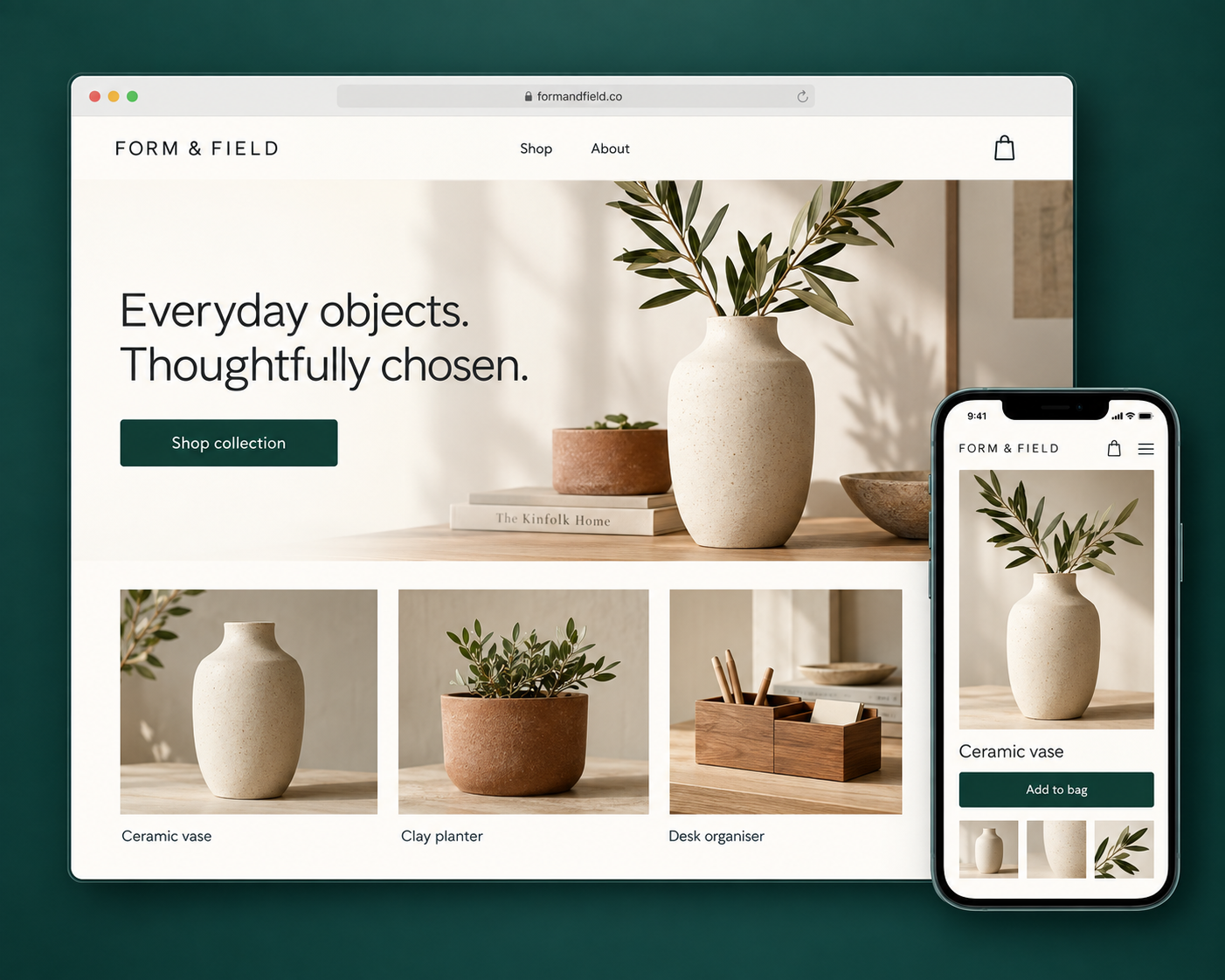 Example homeware storefront with matching desktop and mobile layouts